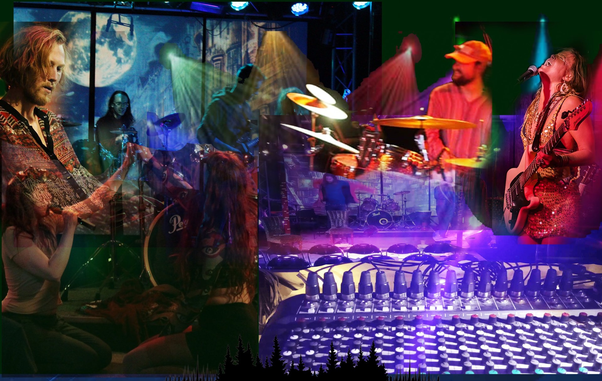 Live concert collage — sound engineering, recording and event equipment